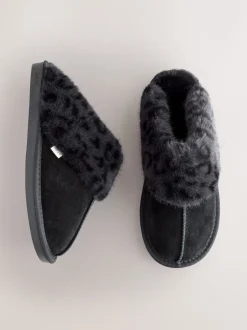 Zwart - Met imitatiebont gevoerde suède pantoffelmuiltjes