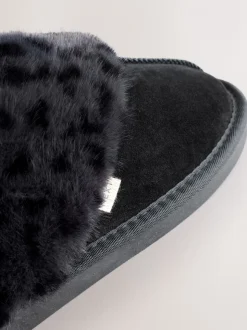 Zwart - Met imitatiebont gevoerde suède pantoffelmuiltjes