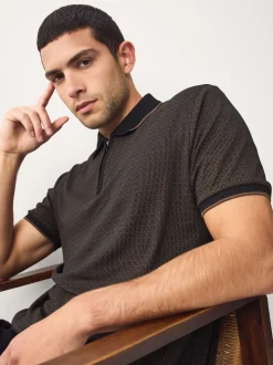 Zwart - Pattern Quarter Zip Polo Shirt