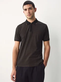 Zwart - Pattern Quarter Zip Polo Shirt