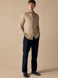 Zwart - Regular fit linnen-katoenmix broek met ceintuur
