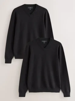 Zwart - Regular Fit Soft Touch V-Neck Jumpers 2 Pack