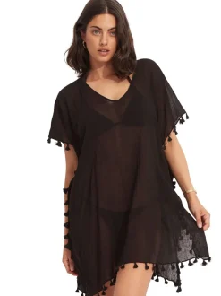 Zwart - Seafolly - Amnesia katoenen kaftan met blauwe kwastjes