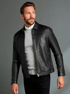Zwart - Signature leren jack met kraag