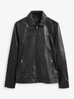 Zwart - Signature leren jack met kraag