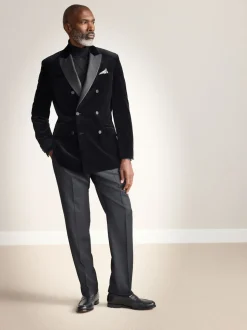 Zwart - Signature Pontoglio Italiaanse fluwelen double-breasted blazer