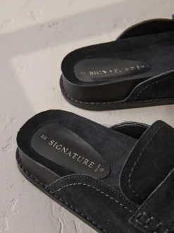 Zwart - Signature Premium leren suède muiltjes met franje en voetbed