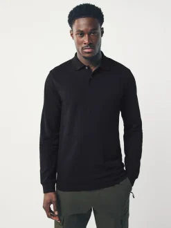 Zwart - Slim Fit - Piqué polo met lange mouwen