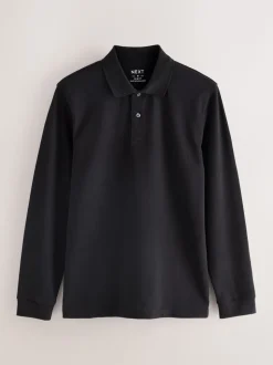 Zwart - Slim Fit - Piqué polo met lange mouwen