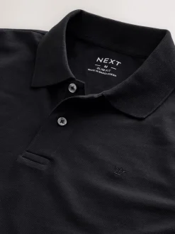 Zwart - Slim Fit - Piqué polo met lange mouwen
