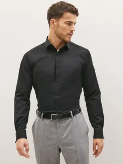 Zwart - Slim Fit - Strijkvrij net overhemd met dubbele manchet