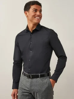 Zwart - Slim Fit - Strijkvrij net overhemd met enkele manchet