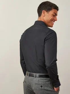 Zwart - Slim Fit - Strijkvrij net overhemd met enkele manchet