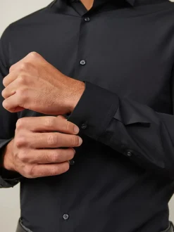 Zwart - Slim Fit - Strijkvrij net overhemd met enkele manchet