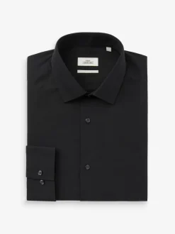 Zwart - Slim Fit - Strijkvrij net overhemd met enkele manchet