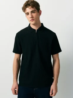 Zwart - Smart poloshirt met textuur en rits