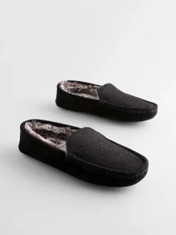 Zwart - Suède mocassinpantoffels met voering van imitatiebont