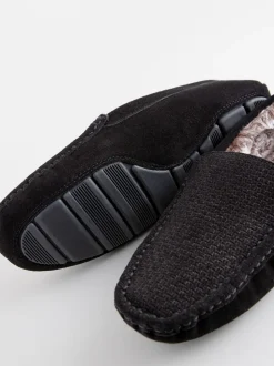 Zwart - Suède mocassinpantoffels met voering van imitatiebont