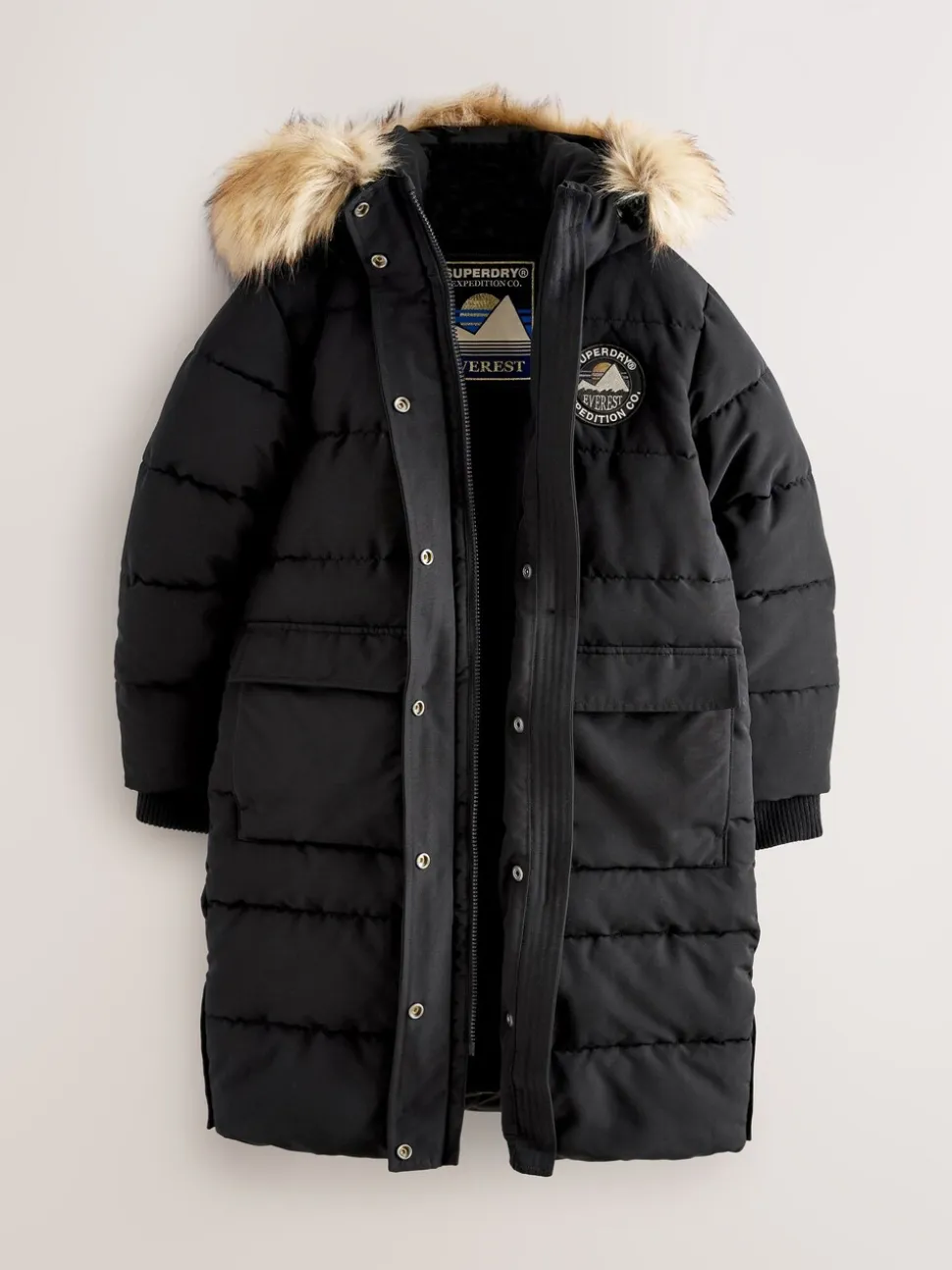 Zwart - Superdry - Everest lange gewatteerde jas