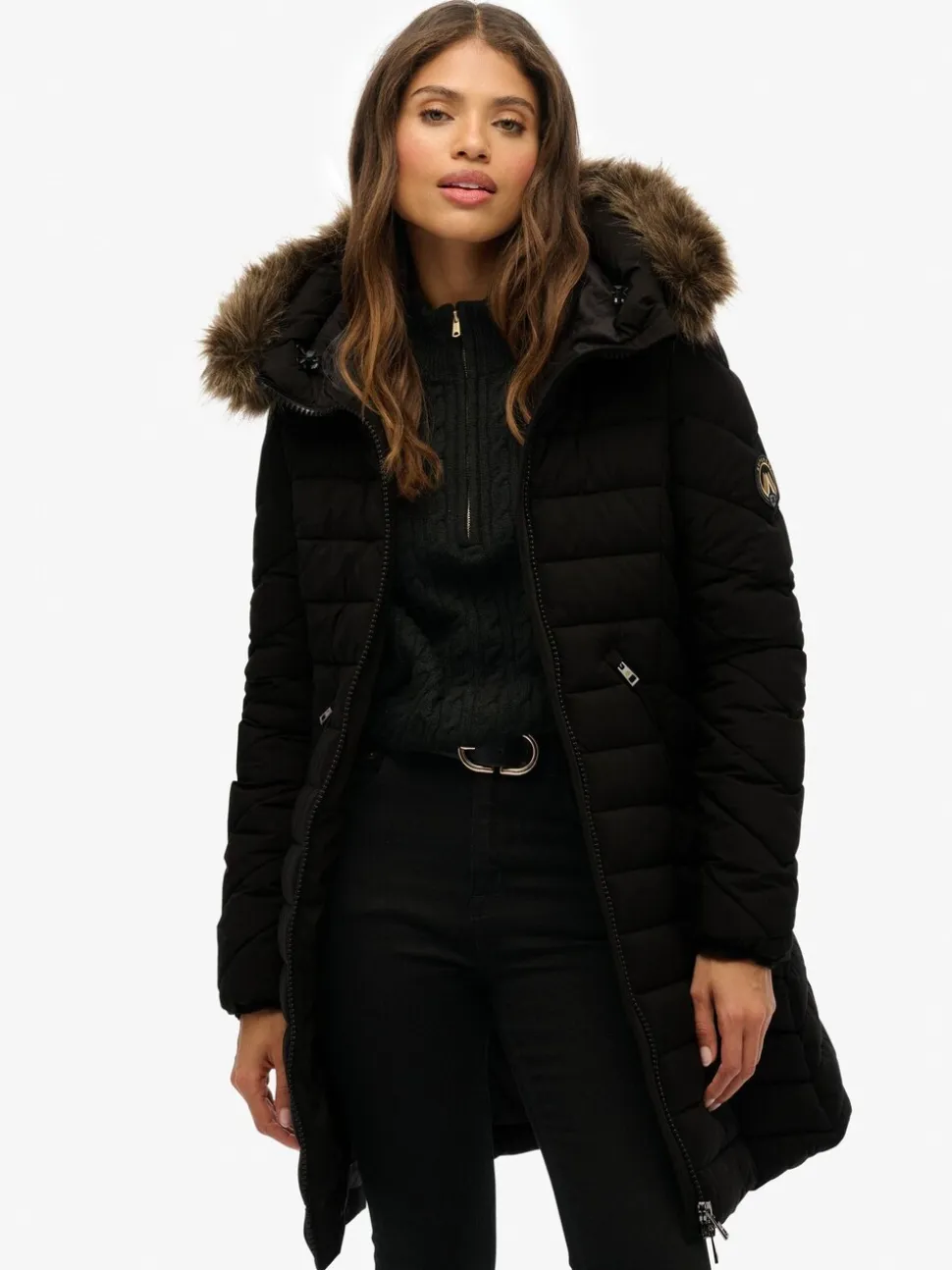 Zwart - Superdry Fuji Faux Hood Mid Length Coat