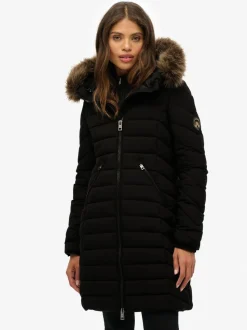 Zwart - Superdry Fuji Faux Hood Mid Length Coat