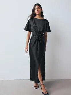 Zwart - Textured Satin Short Sleeve Twist Front Midi Dress