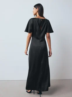 Zwart - Textured Satin Short Sleeve Twist Front Midi Dress