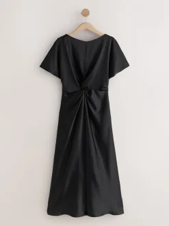 Zwart - Textured Satin Short Sleeve Twist Front Midi Dress