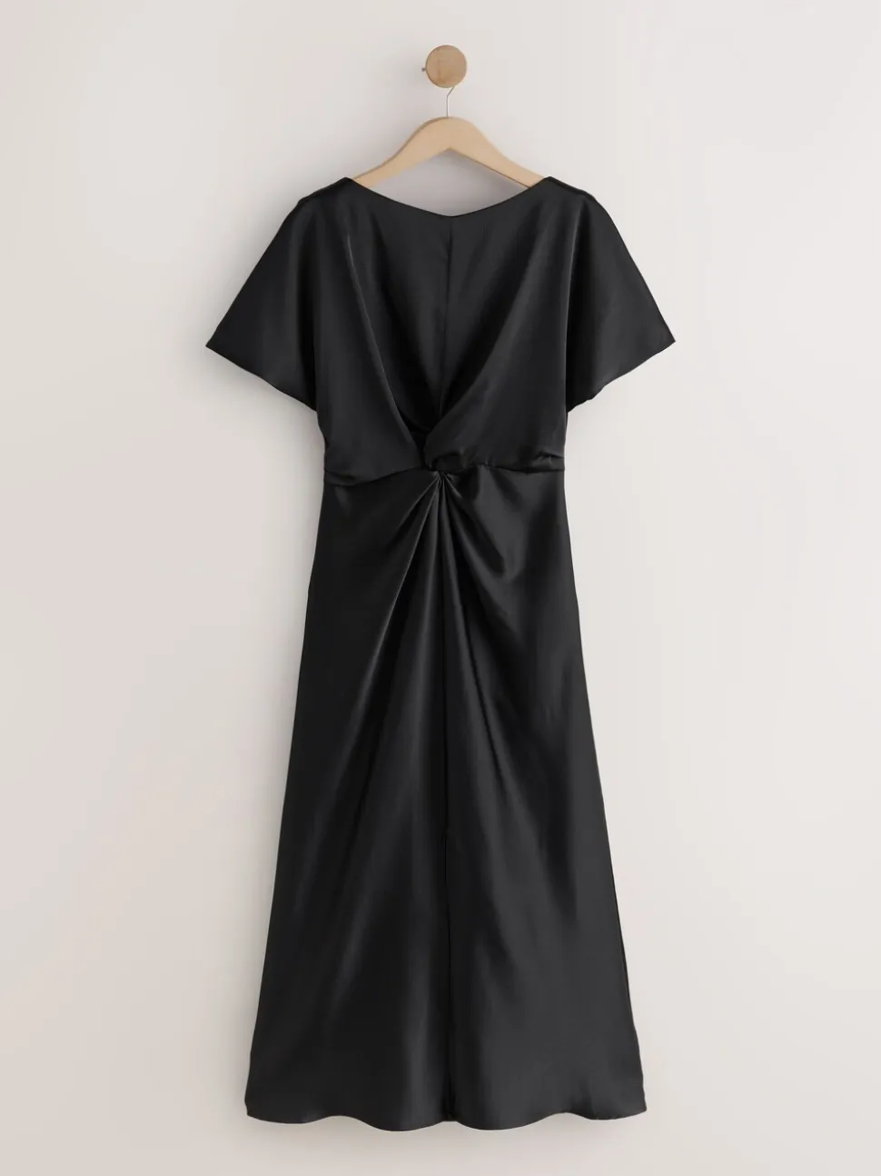 Zwart - Textured Satin Short Sleeve Twist Front Midi Dress