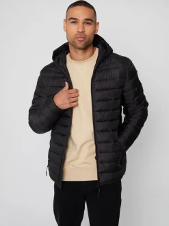 Zwart - Threadbare gewatteerd waterafstotend jack met capuchon en matte afwerking