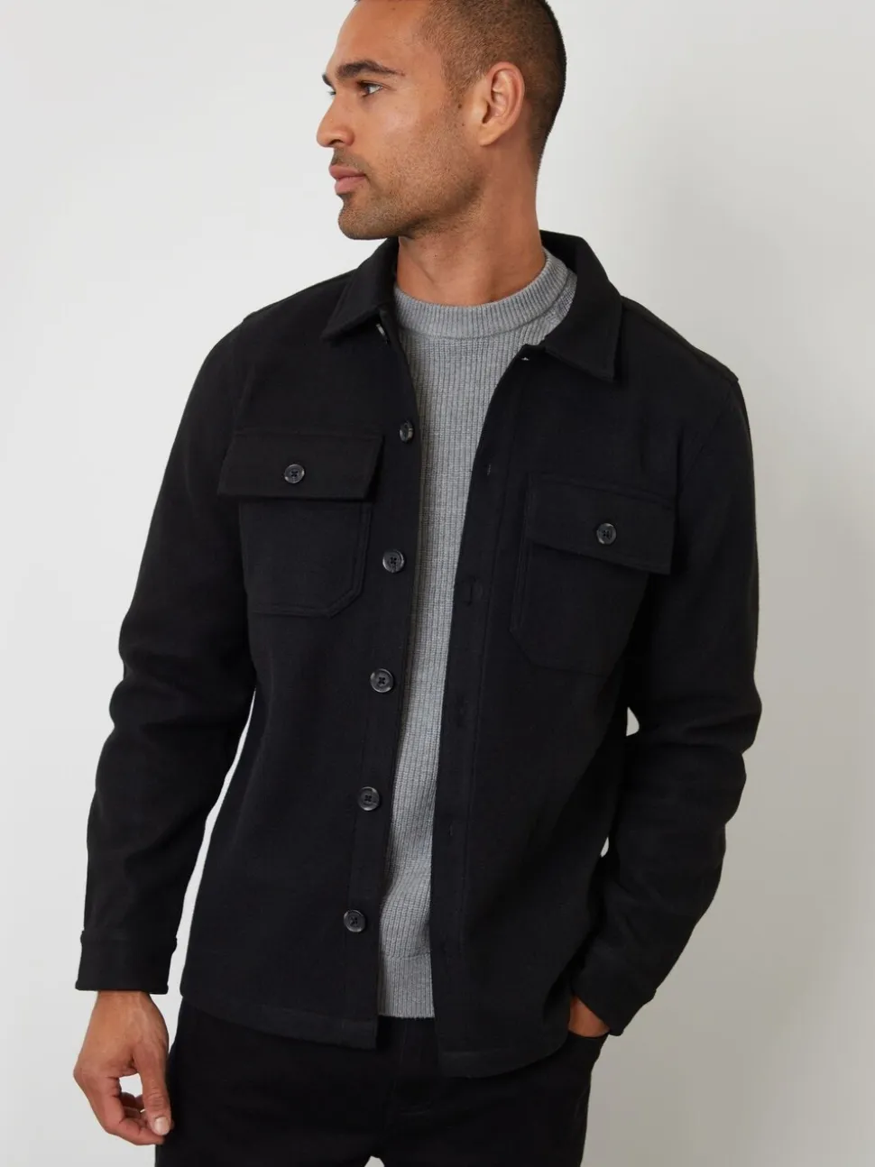 Zwart - Threadbare imitatiebont wollen knoopsluiting overshirt