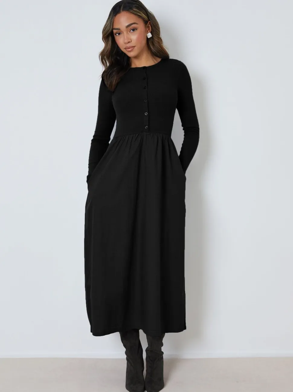 Zwart - Threadbare 2-in-1 Jersey Poplin Mix Button Down Dress