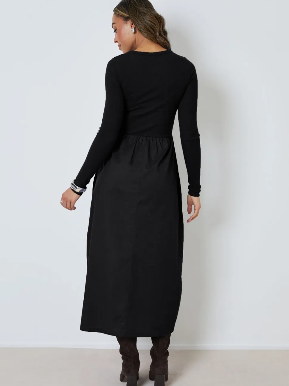 Zwart - Threadbare 2-in-1 Jersey Poplin Mix Button Down Dress