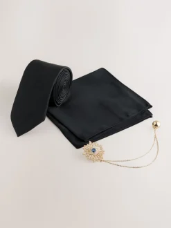 Zwart - Tie Pocket Square and Brooch Set