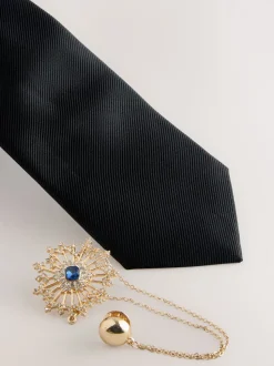 Zwart - Tie Pocket Square and Brooch Set