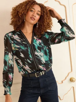 Zwart Animal - Love & Roses Print blouse met inkeping bij de hals en hardware