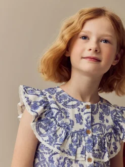 Zwart bloemenprint - 100% katoenen blouse met strik aan de voorkant (3 - 16 jr)