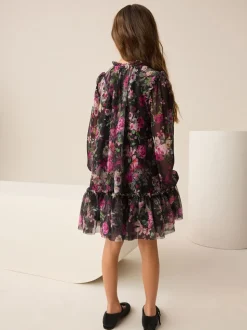 Zwart bloemenprint - Feestjurk van mesh met lange mouwen (3-16jr)
