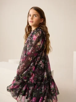 Zwart bloemenprint - Feestjurk van mesh met lange mouwen (3-16jr)