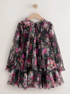 Zwart bloemenprint - Feestjurk van mesh met lange mouwen (3-16jr)