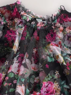 Zwart bloemenprint - Feestjurk van mesh met lange mouwen (3-16jr)