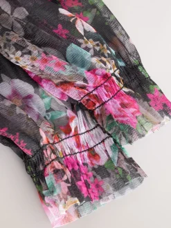 Zwart bloemenprint - Feestjurk van mesh met lange mouwen (3-16jr)