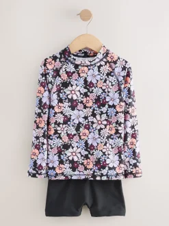 Zwart bloemenprint - Long Sleeve Sunsafe Rash Vest And Shorts Set (3-16yrs)