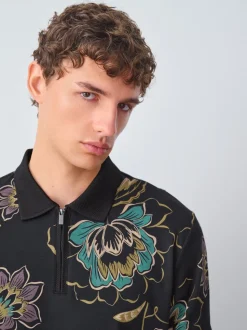 Zwart bloemenprint - Poloshirt met korte mouwen en print