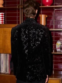 Zwart bloemenprint - Slim Fit - Fluwelen blazer met lovertjes