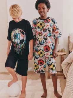 Zwart/ Felkleurige voetbal met meerdere kleuren - Set van 2 pyjama's met short (3-16 jr)