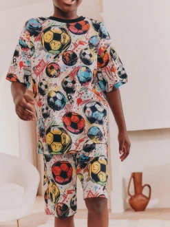 Zwart/ Felkleurige voetbal met meerdere kleuren - Set van 2 pyjama's met short (3-16 jr)