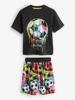 Zwart/ Felkleurige voetbal met meerdere kleuren - Set van 2 pyjama's met short (3-16 jr)
