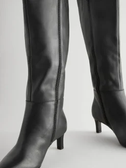 Zwart leer - Kniehoge Skinny Boots met Hak