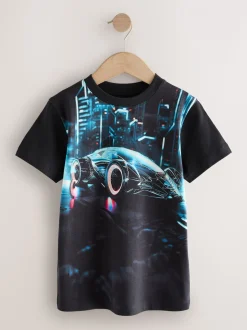 Zwart met auto - T-shirt met normale pasvorm, korte mouwen en all-over print (3-16jr)